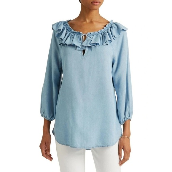 Lauren Ralph Lauren Women L Chambray Blue Denim Ruffle Trim Blouse Off-Shoulder - Picture 1 of 14